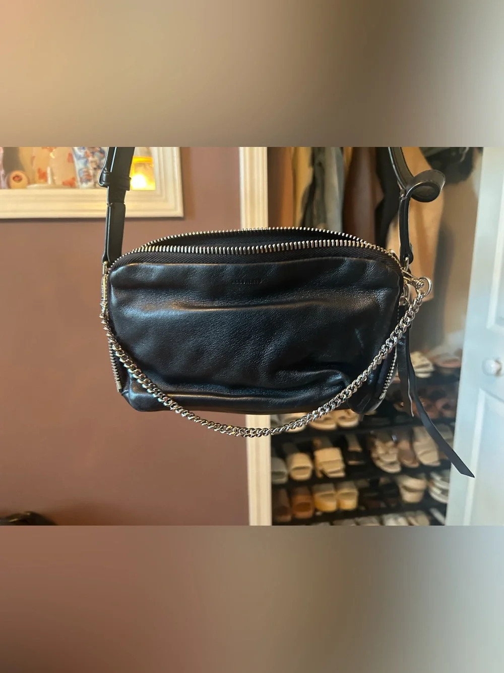 All Saints Black Leather Crossbody Bag with Silver Chain
